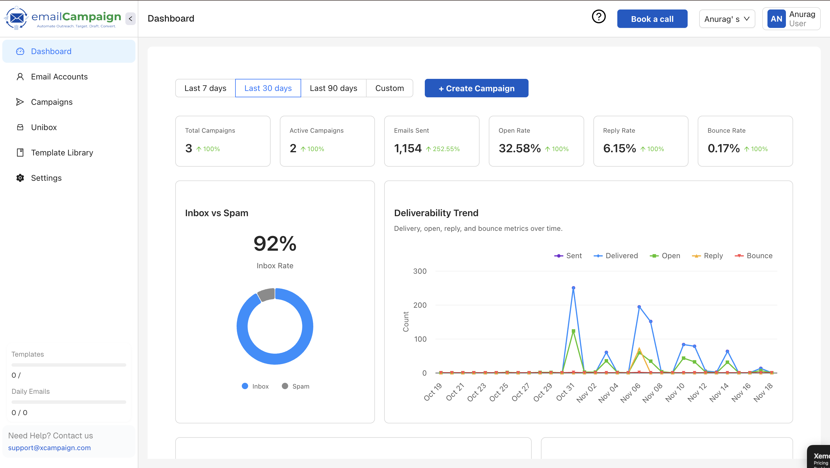 XemailCampaign dashboard preview showing email campaign management interface